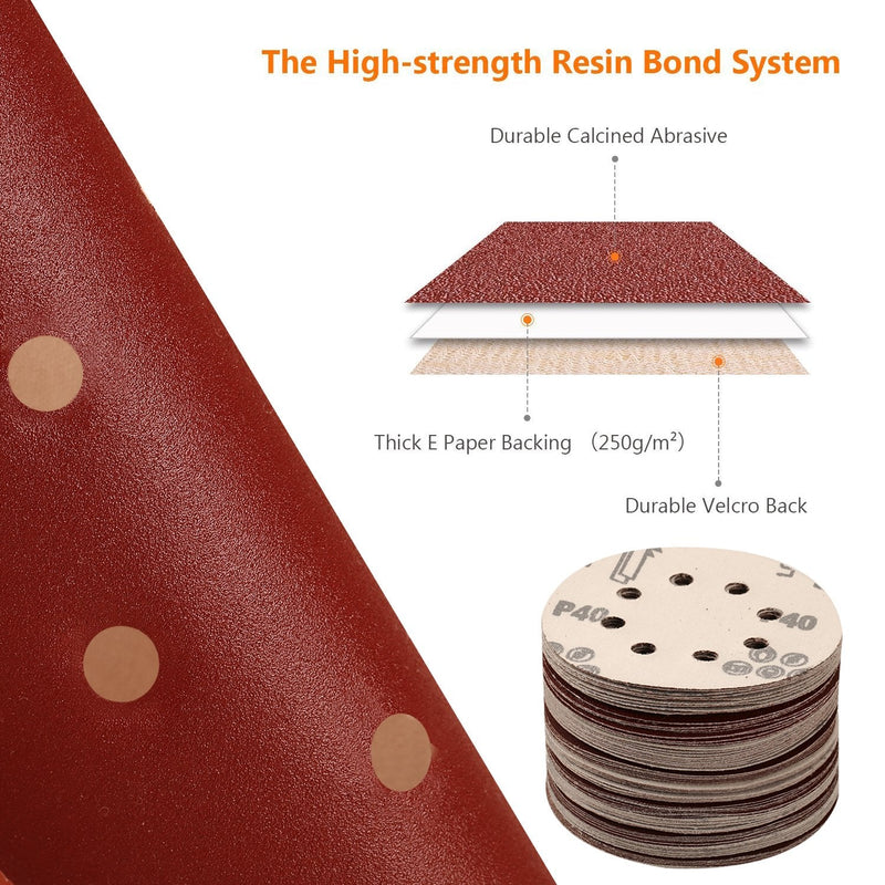 SPTA 100 pieces 125 mm 40/80/120/180/320/400/600/800/1500/2000 sanding discs Velcro sandpaper Velcro sanding sheets sandpaper eccentric sander grit, x10 each, 8 holes for eccentric sanders