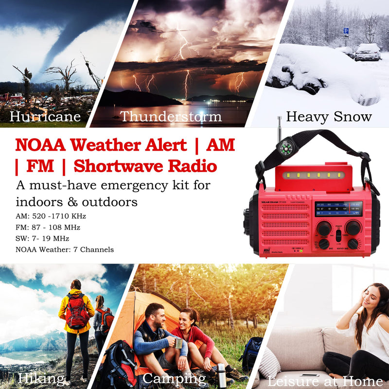 Portable Emergency Radio Hand Crank Solar AM/FM/SW/NOAA Weather Alert Radio 5000 Rechargeable with USB Charger, Flashlight, Reading Lamp, SOS Alarm, Headphone Jack, Survival Camping Gear Red