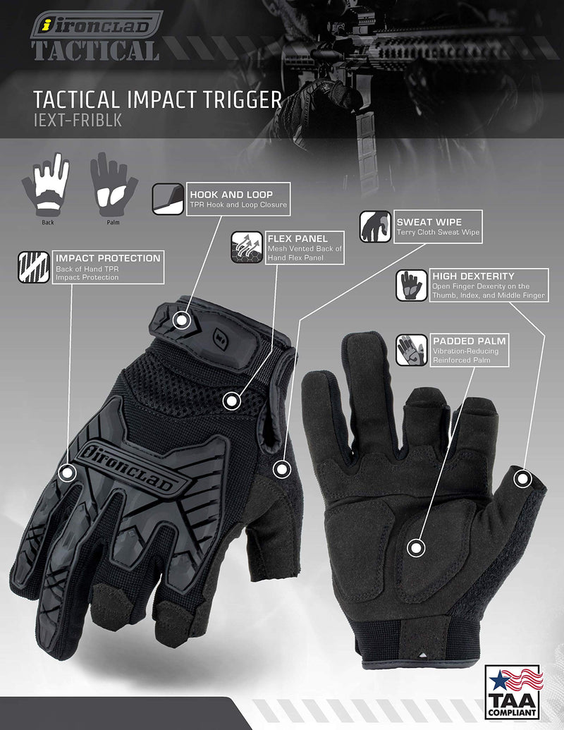 Ironclad Tactical Impact Trigger Gloves, TAA Compliant, Best for Military, Law Enforcement, Airsoft, Paintball, Machine Washable, Sized XS-XXXXL (1 Pair), Black (IEXT-FRIBLK-04-L), Large