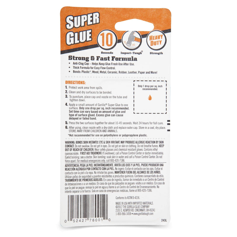 Gorilla Super Glue, Two 3 Gram Tubes, Clear, (Pack of 10)