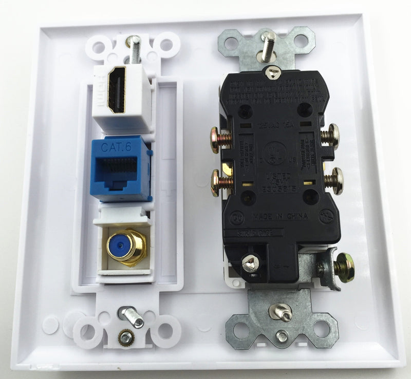 IBL-15A Power Outlet, 1 Port HDMI, 1 Cat6 Ethernet, 1 Coax Cable TV Wall Plate in White PO+Coax+Cat6+HDMI