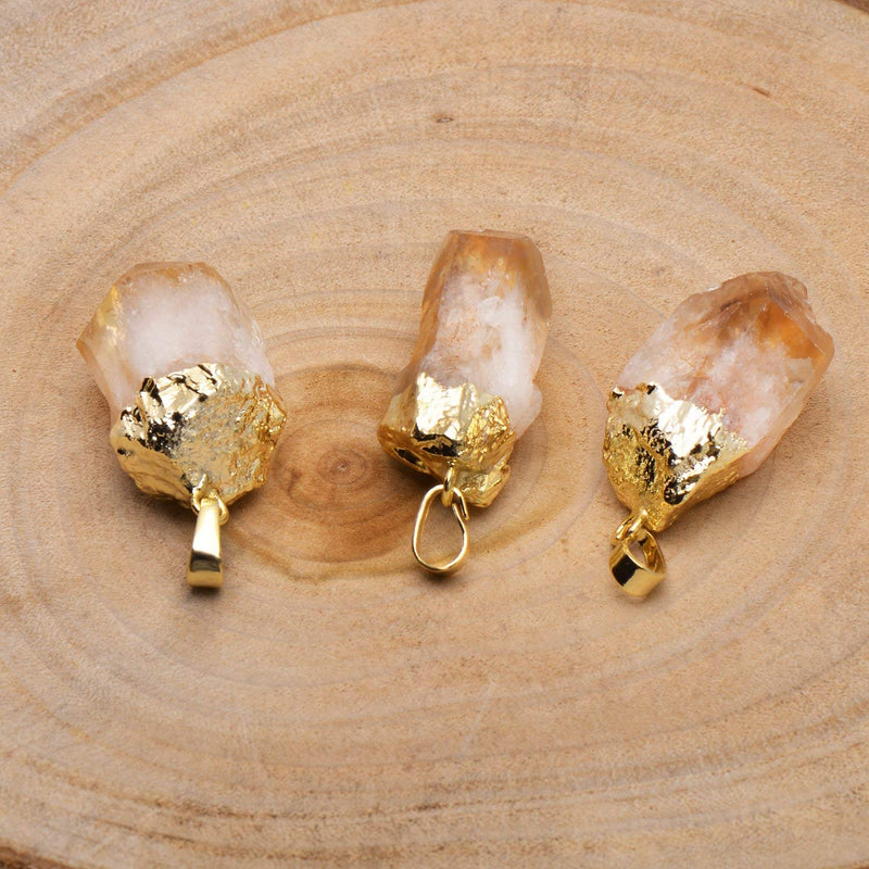 Natural Healing Crystal Yellow Citrine Rough Stone Pendant Necklace, Yellow Gold Tone