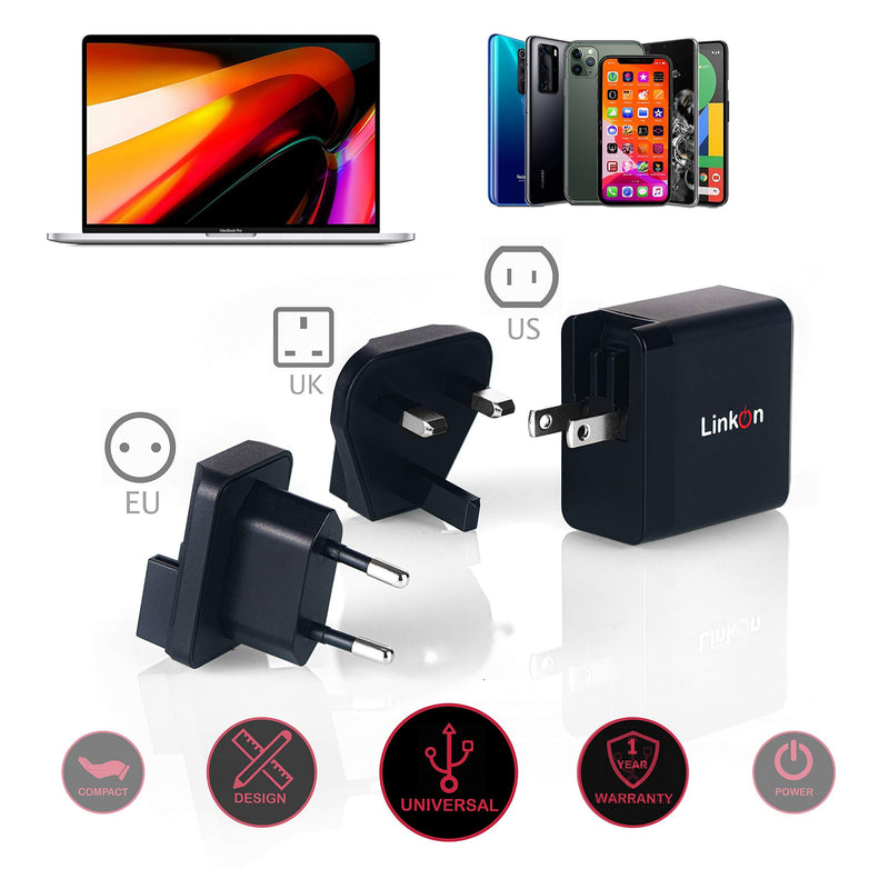 LinkOn Ganius 65W Wall Charger GaN Tech 65W USB-C PD3.0 PPS and 18W USB-A QC4.0+ Compatible with MacBook HP Dell Lenovo Surface Samsung Galaxy S20 Ultra Note 10+ Portable Laptop Travel International Black-65W