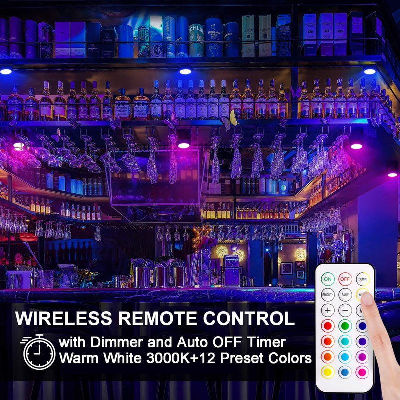 BLS LED Puck Lights with Remote Control, Wireless Under Cabinet Lighting, Battery Powered Lights, Stick on Lights, Color Changing Lights with Dimmer and Timer, AA Battery Operated Closet Light, 6 Pack