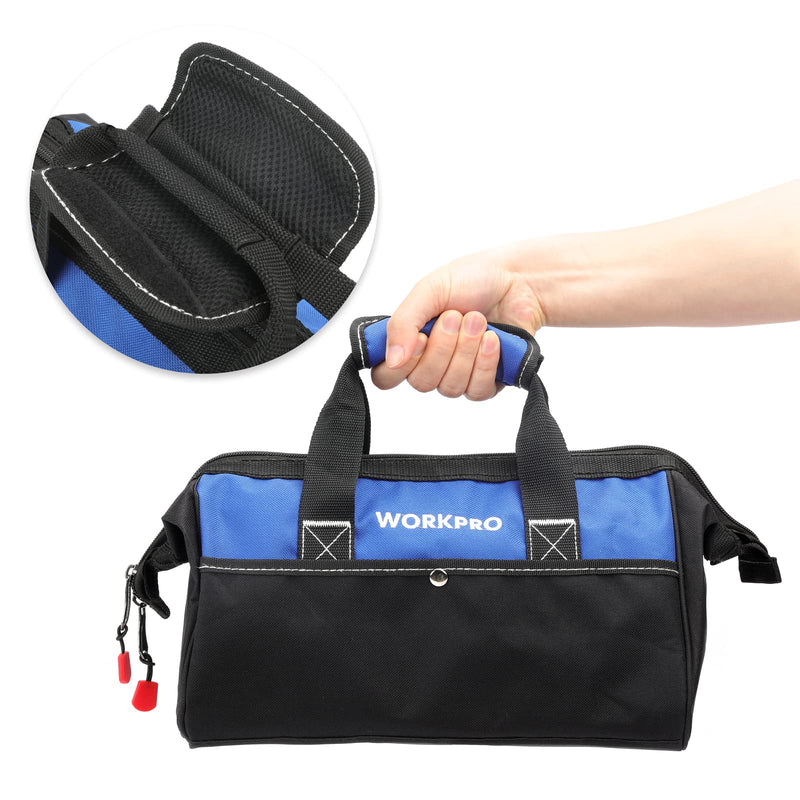 WORKPRO 13-inch Tool Bag, Wide Mouth Tool Tote Bag with Inside Pockets for Tool Storage Blue