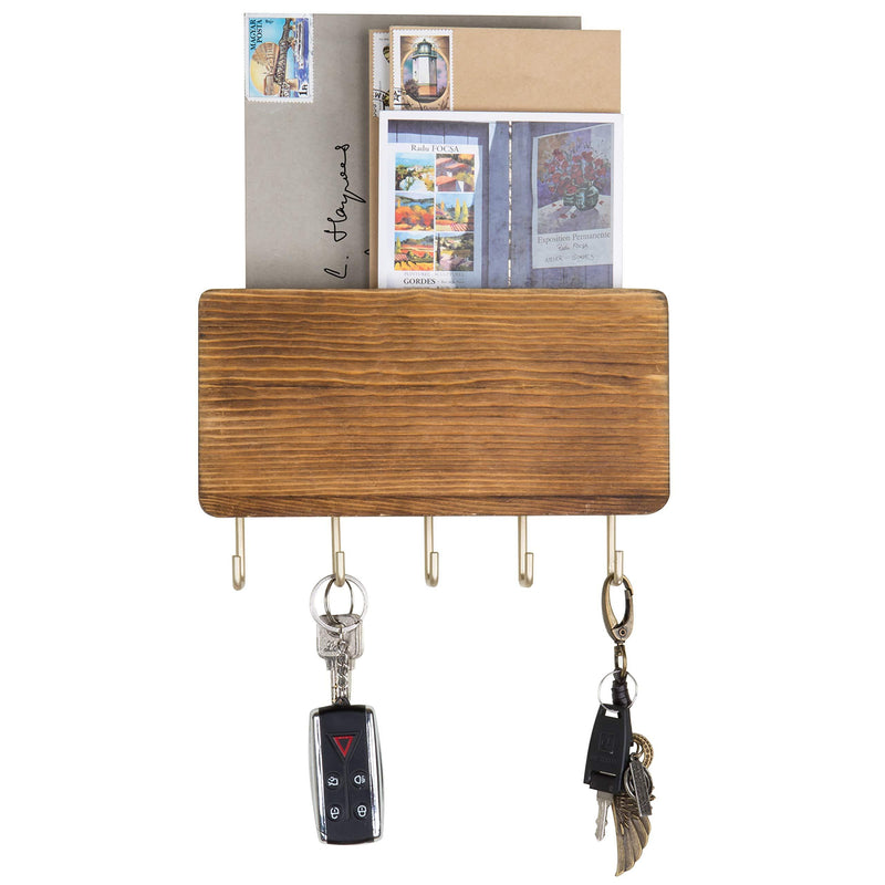 MyGift Wood & Brass-Tone Metal Wall-Mounted Entryway Mail Letter Holder Rack with 5 Key Hooks