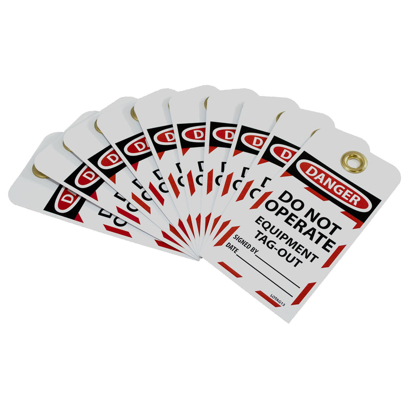 NMC LOTAG13 DANGER DO NOT OPERATE EQUIPMENT TAG-OUT Tag – [Pack of 10] 3 in. x 6 in. Vinyl 2 Side Danger Tag with White/Black Text on Red/White Base