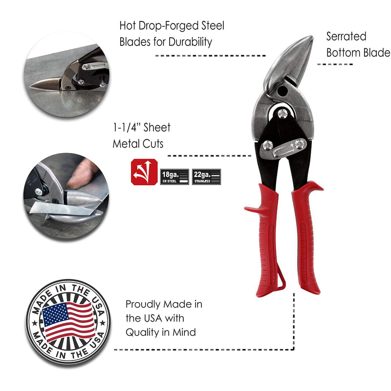 MIDWEST Tool and Cutlery Aviation Snip - Left Cut Offset Tin Cutting Shears with Forged Blade & KUSH'N-POWER Comfort Grips - MWT-6510L