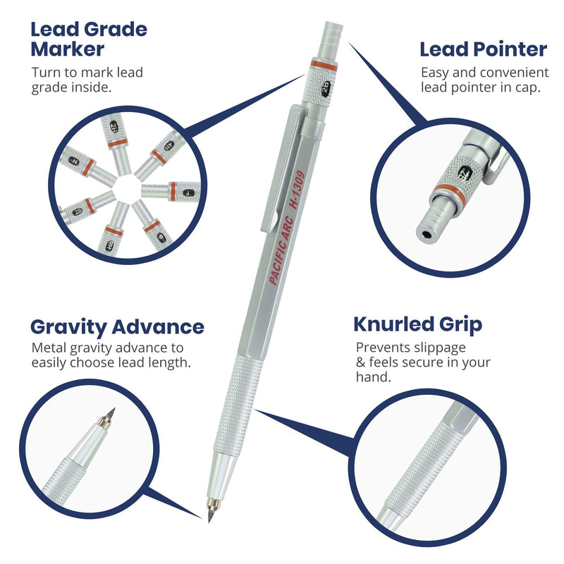 Pacific Arc Premium Gravity Feed Technical Lead Holder All Metal Silver 2 mm