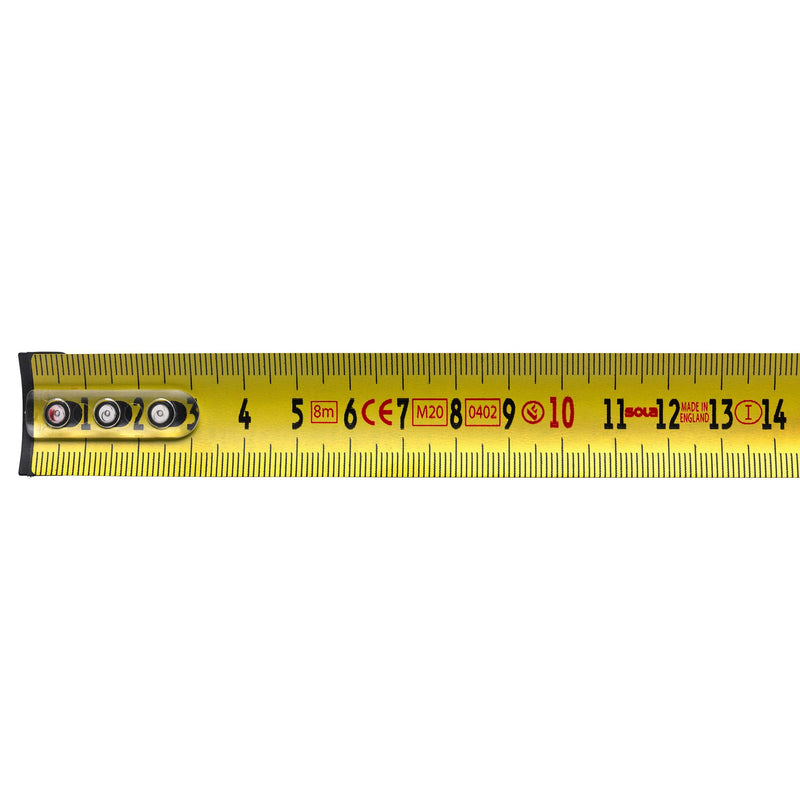 SOLA tape measure - BIG T - 8m / 25mm - extremely robust professional tape measure with belt clip - steel tape, painted yellow with mm scale - accuracy class I - roll meter with non-slip end hook - length 8m/25mm