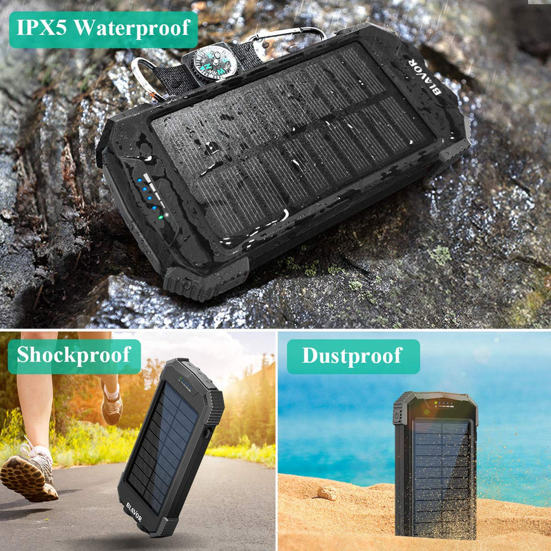 Solar Charger Power Bank, Qi Wireless Charger 10,000mAh External Battery Pack Type C Input Port Dual Flashlight, Compass, Solar Panel Charging (Black) Black