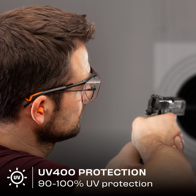NoCry Safety Glasses That Fit Over Your Prescription Eyewear. Clear Anti-Scratch Wraparound Lenses, UV400 Protection, ANSI Z87 & OSHA Certified. Use in the Lab, Travelling, Black & Orange Frames