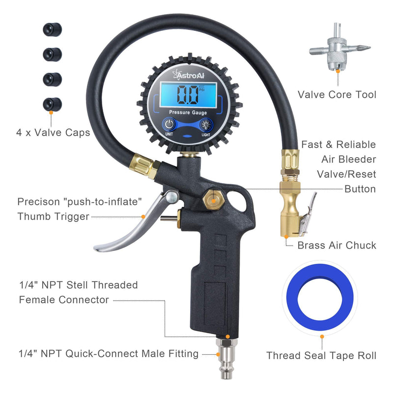 AstroAI Digital Tire Inflator with Pressure Gauge, 250 PSI Air Chuck and Compressor Accessories Heavy Duty with Rubber Hose and Quick Connect Coupler for 0.1 Display Resolution