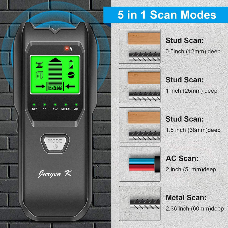 Stud Finder Wall Scanner, 5 in 1 Multifunction Stud Locator with Upgraded Smart Sensor, HD LCD Display and Audio Alarm for The Center and Edge of Metal, Studs, AC Wire, and Pipe Detection Black