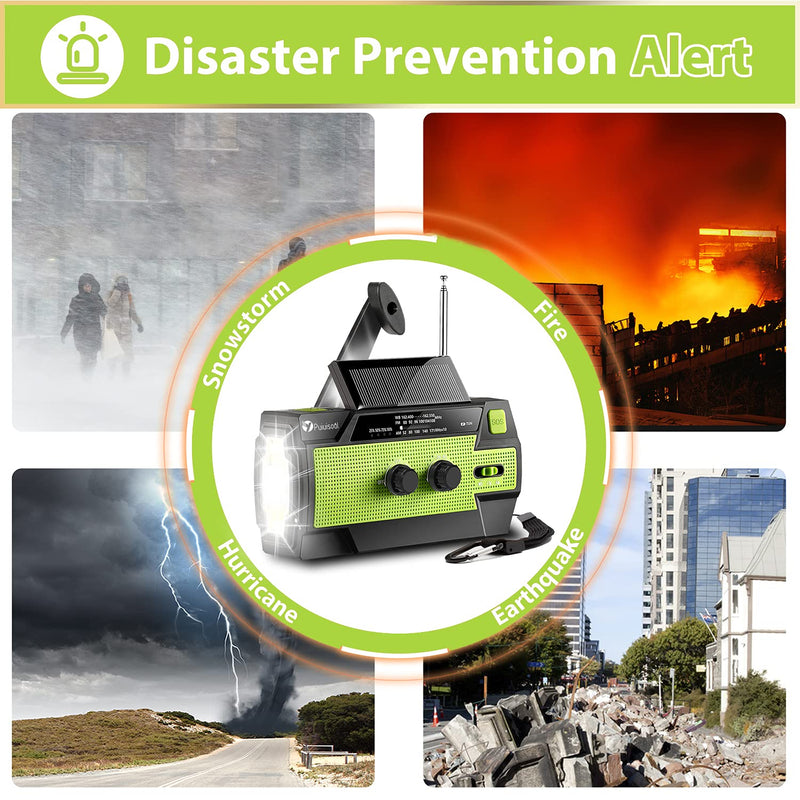 Emergency-Radio,Puiuisoul 4000mAh Weather Radios with Hand Crank & Solar Charging,3 Gear LED Flashlight,SOS Alarm, Portable Power Bank,AM/FM/NOAA,Motion Sensor Reading Lamp Green 4000 mAh