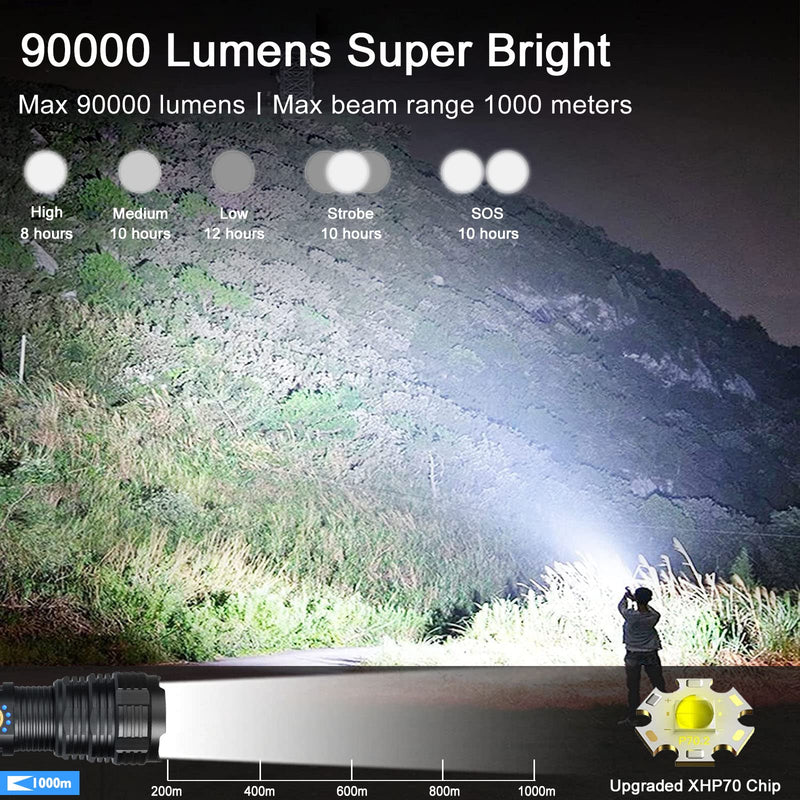 Rechargeable LED Flashlights, 90000 High Lumens Flashlight, XHP70 Tactical Flashlight with Zoomable, 5 Modes, Military Grade Waterproof Super Bright Flashlights for Emergencies, Camping, Hiking FM