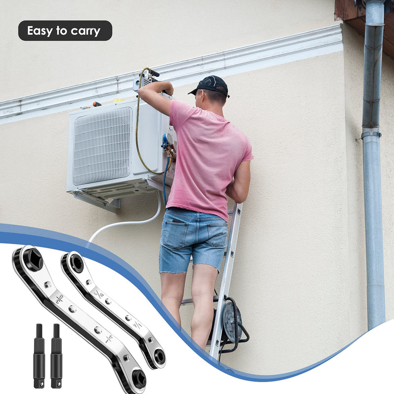 Hvac Service Wrench Refrigeration Service Wrench Set, 3/8 to 1/4, 5/16 x 1/4, Ratchet Wrench Refrigeration Tool Set Air Conditioner Valve with Hexagon Bit Adapter Kit for Equipment Repair