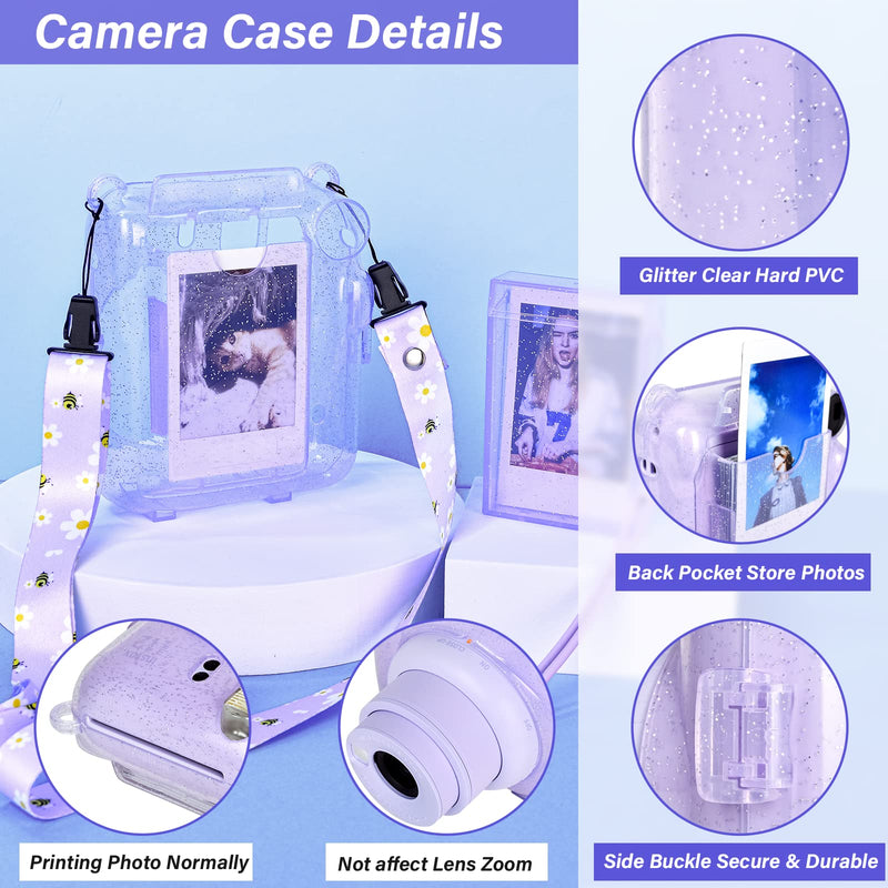 HIYQIN Upgrated Clear Glitter Case for Instax Mini 12, Fuji Mini 12 Clear Case, Fashion Glitter Protective Case with Adjustable Shoulder Strap, Portable Photo Box and DIY Sticker (Clear+Purple) Glitter-Clear Case+3 Accessories Purple