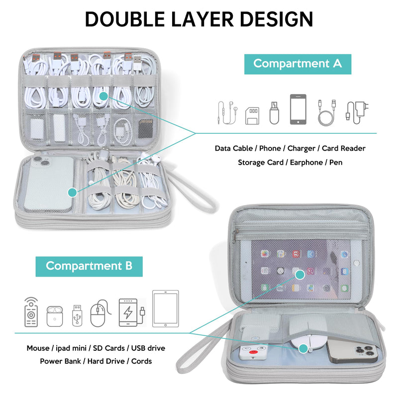 CILLA Electronics Organizer Travel, Travel Cord Organizer Case, Compact Electronics Accessories Bag for Cable, Cord, Charger, Phone Gray