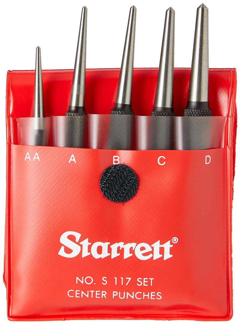 Starrett S117PC Center Punch Set, Set of 5 - 1/16", 5/64", 3/32", 1/8", 5/32" Diameters, Hardened Tempered Steel Metal, Centering Tool for Machinists, Carpenters with Knurled Finger Grip, Storage Pouch 5 Piece set
