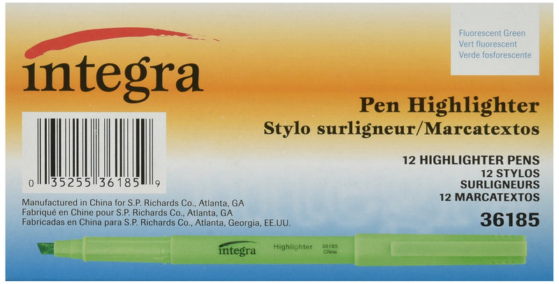 Integra Pen Style Highlighter, Chisel Point, Fluorescent Green (ITA36185)