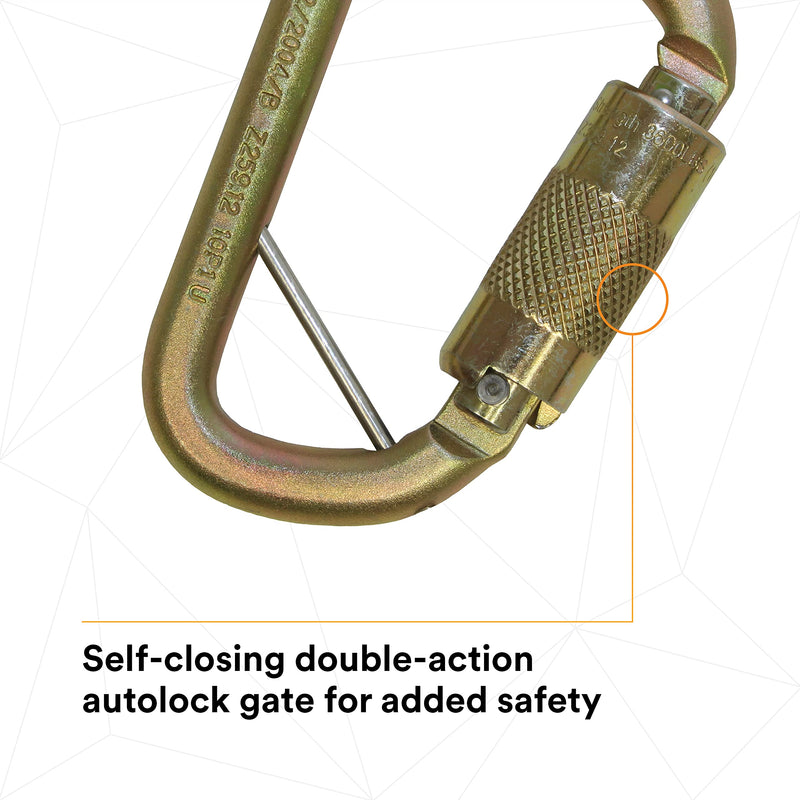 3M DBI-SALA Saflok 2000117 Carabiner, 11/16" Gate Opening Steel, with Self Closing Locking Gate, Yellow-Zinc