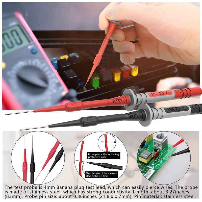 Test Leads Set HANDSKIT Double Insulated Electrical Multimeter Test Lead Kit, Test Leads Probes 4mm Banana Plug with Alligator Clips 30A and Needle Probe 0.7mm Red