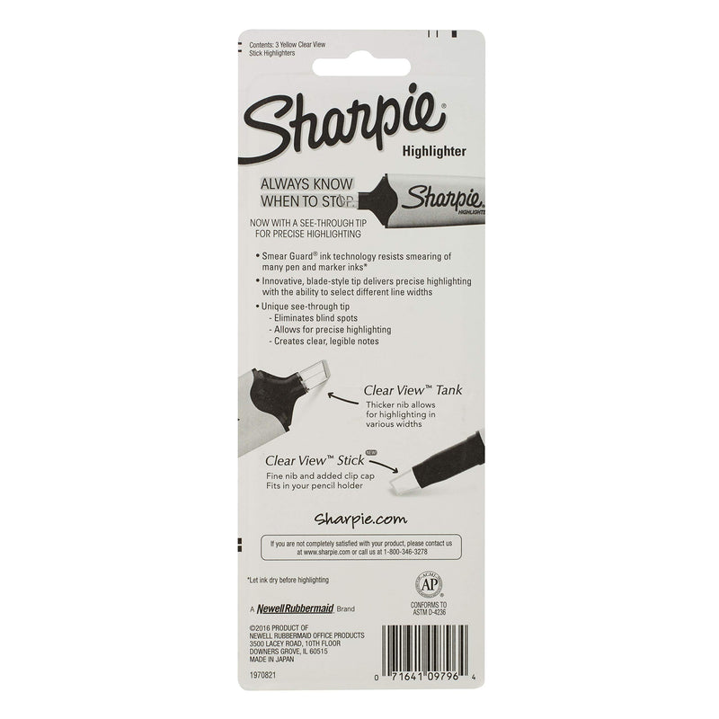 Sharpie Clear View Highlighter Stick, Yellow, 3/Pack (1950745) 3-Pack