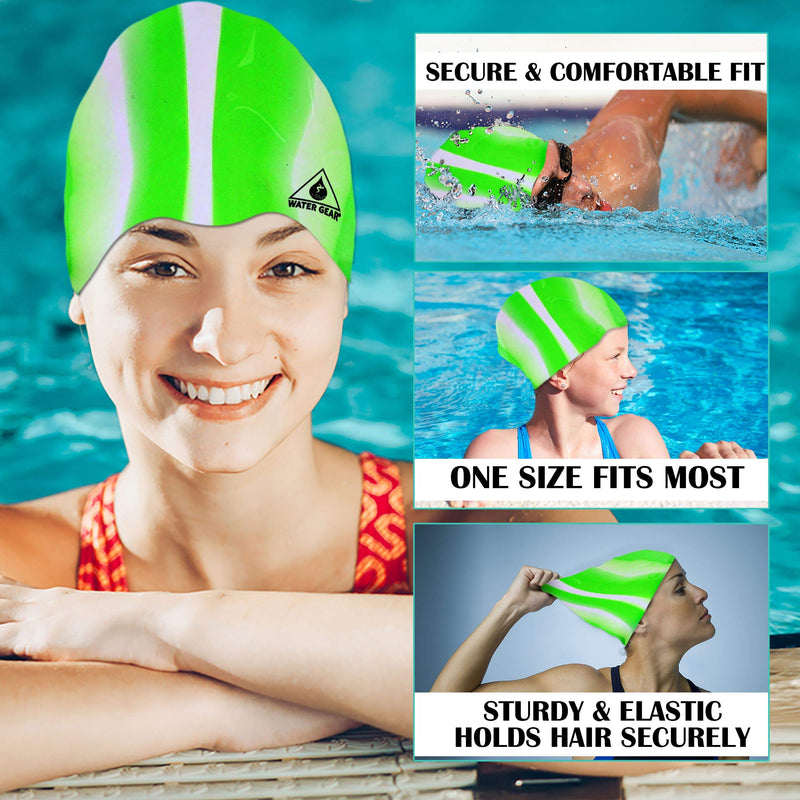 Water Gear Silicone Adult Swim Cap - Flexible Unisex Waterproof - Great for Short and Long Hair - Improve Your Performance - Women Men and Teens -Triathlon Swimmers and Athletes GREEN/WHITE