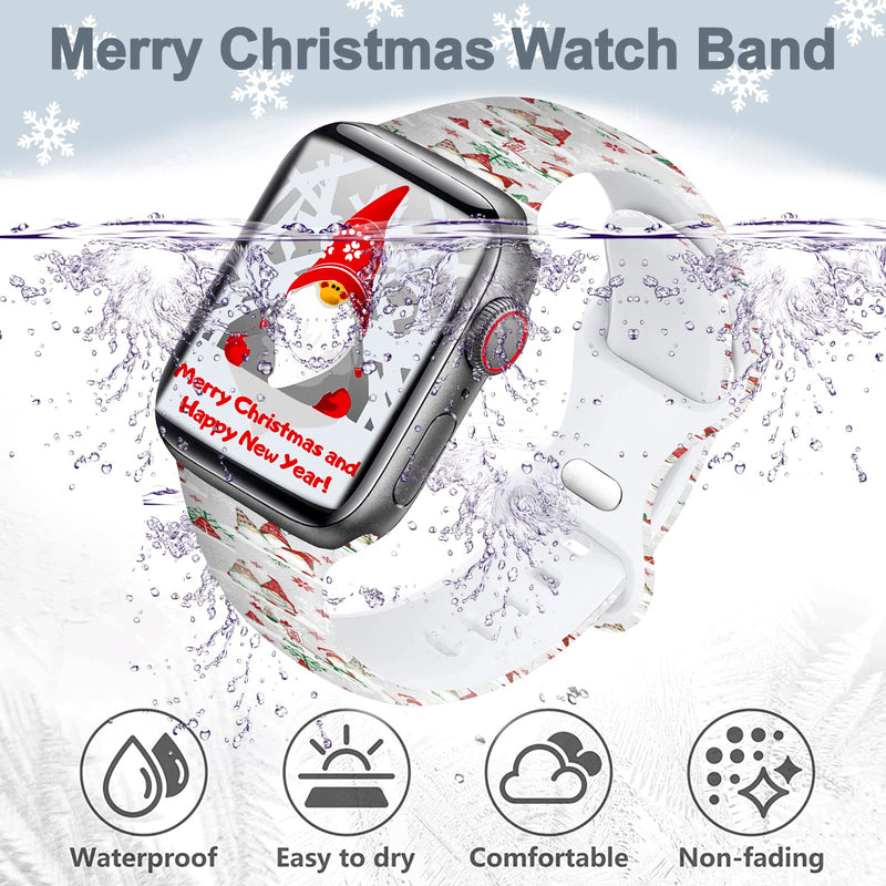 Christmas Silicone Bands Compatible for Apple Watch 38mm 40mm 41mm 44mm 42mm 45mm, Xmas Adjustable Soft Sports Wristband Strap for iWatch SE & Series 7/6/5/4/3/2/1 Christmas Gnome White 38mm/40mm/42mm