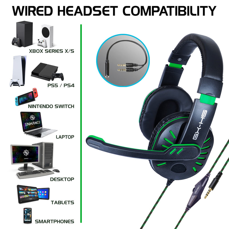 ENHANCE GX-H5 Gaming Headset with Microphone - Gaming Headset for PS4, PS5, Xbox, PC, Switch with Adjustable Headband, Volume Controller, USB Sound-Isolating Earcups, Splitter Cable (Green) Green