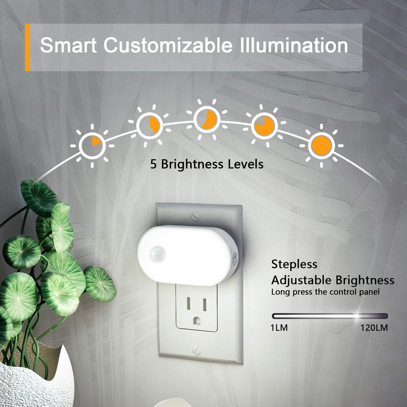 Motion Sensor Night Light Plug in, LYRIDZ LED Nightlight Super Bright 1-120LM Smart Cold White Light with Stepless Adjustable Brightness for Bedroom, Kitchen, Stairs, Hallway, 2 Pack