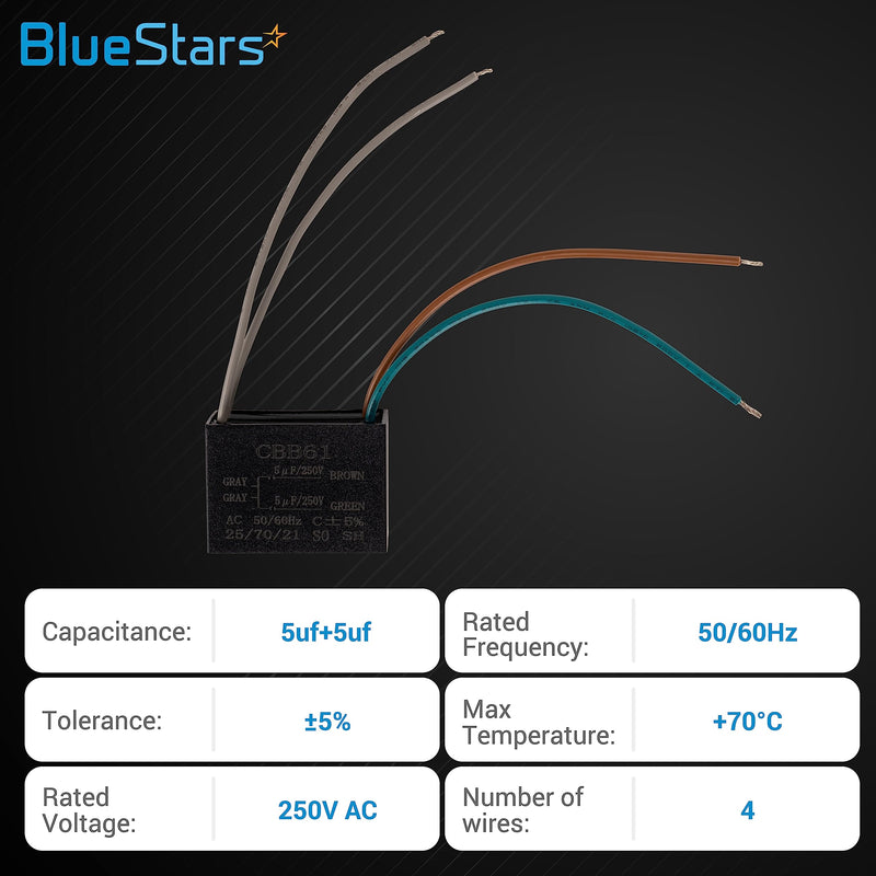 CBB61 5uf + 5uf 4-Wire 250V AC Ceiling Fan Capacitor by BlueStars - Pack of 1 - Compatible with New Tech - 50/60 Hz - 4 Wires Electrical Power Relay Connecting Capacitor