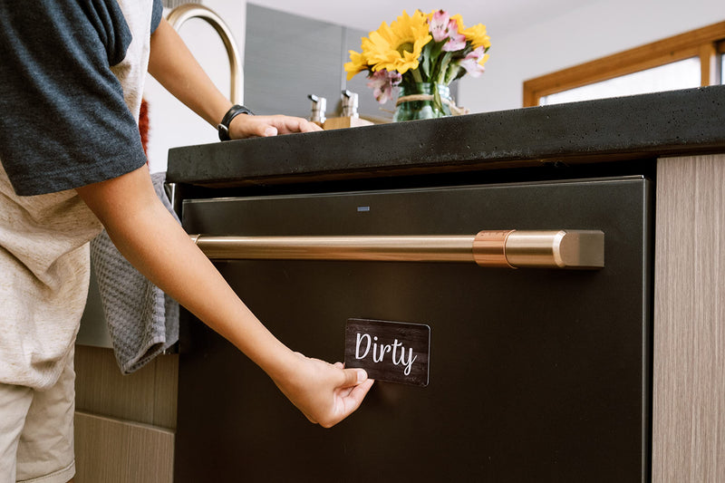 Black and White Wood Clean Dirty Dishwasher Magnet, Reversible Dish Washer Sign, Double Sided Strong Kitchen Flip Indicator, Bonus Universal Magnetic Plate, Neutral Rustic White and Black Magnet Black & White