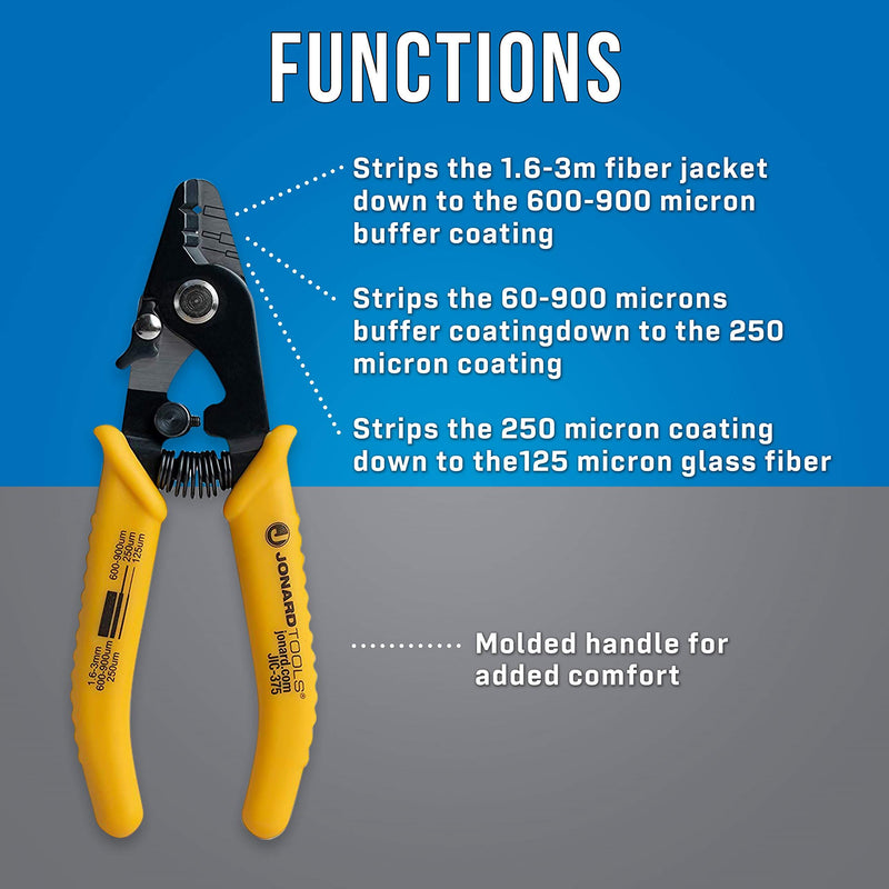 Jonard Tools JIC-375 Three Hole Fiber Optic Stripper with TPR Handle, 6" Length 3 Hole: 250 μm, 600-900 μm, 1.6-3.0 mm