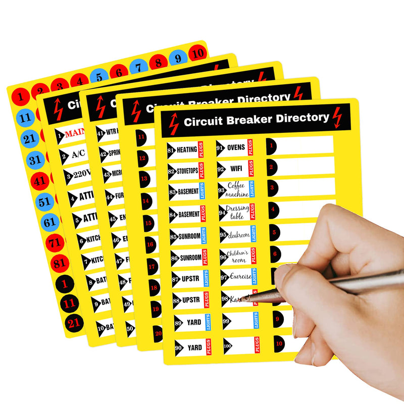 SMARSTICKER Circuit Breaker Panel Directory Fuse Box Sign Label Breaker Switch Electrical Panel Stickers for Door Panel Home Commercial Use 5 Sheets Per Pack, Yellow