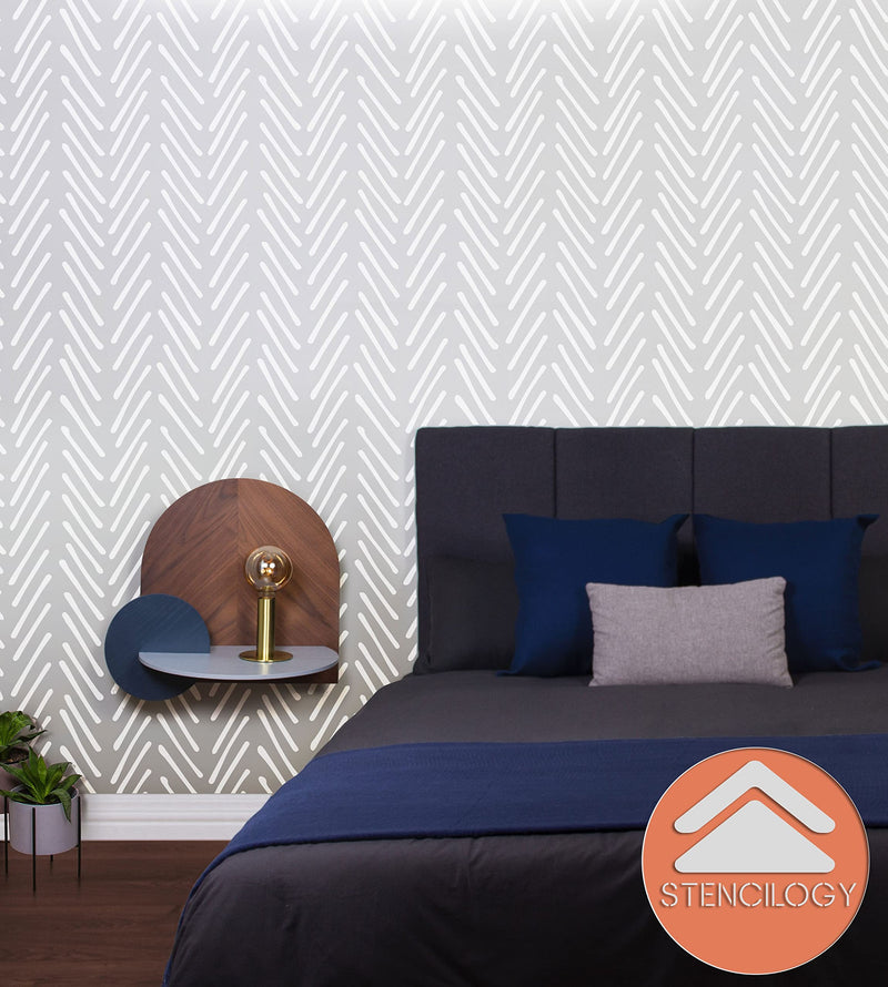 STENCILOGY® / Volga - 24" x 36" XL Wall Stencil, Herringbone Hand Drawn, Large Allover Wall Stencils for Painting, Stencils for Walls, Minimal Stencil Pattern