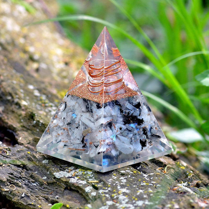 New Inspirational Orgonite Pyramid for Success | Rainbow Moonstone Orgone Pyramid for Anti-stress - Calmness – Growth – Strength – Healing Crystal Gemstone Pyramid