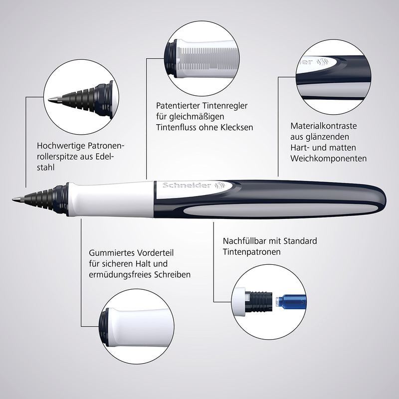 Schneider Ray Cartridge Rollerball Pen, Blue Ink, Onyx Barrel, Rubberize Grip, Medium Stainless Steel Tip, Refillable Ink Cartridge, 1 Each (187807)