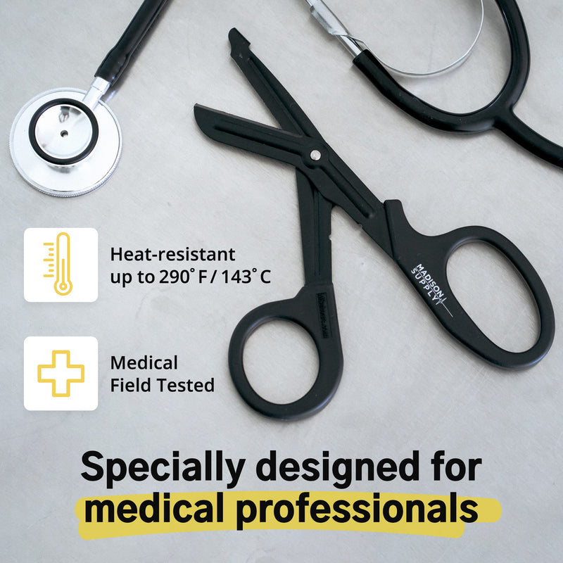 Madison Supply Medical Scissors, EMT and Trauma Shears - 7.5 Inch Premium Quality Stainless Steel Bandage Scissors - Fluoride-Coated with Non-Stick Blades - 1 Pack (Black) Black Handle/Black Coated Blades/7.5" 1-Pack