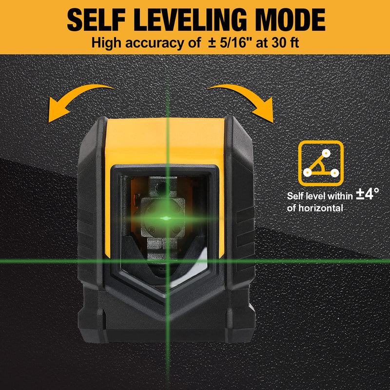 PREXISO 65FT Laser Level Self Leveling Cross-Line Laser Green Beam, with Rotatable Mount Clamp, LED Indicator for Hanging Pictures, Home Renovation, Floor Tile, Construction, 2 AA Batteries Included 360°Clamp& LED Indicator