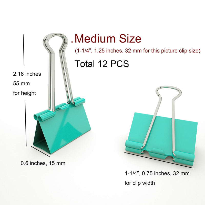 Nctinystore Binder Clips Medium Metal Clamp 1.25 inch / 32 mm (Light-Green, 12-PCS) 12 Pcs (Light-green)