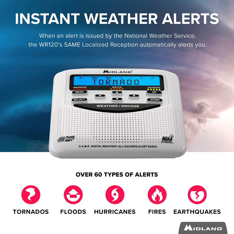 Midland - WR120B/WR120EZ - NOAA Emergency Weather Alert Radio - S.A.M.E. Localized Programming, Trilingual Display, 60+ Emergency Alerts, & Alarm Clock (WR120B - Box Packaging)