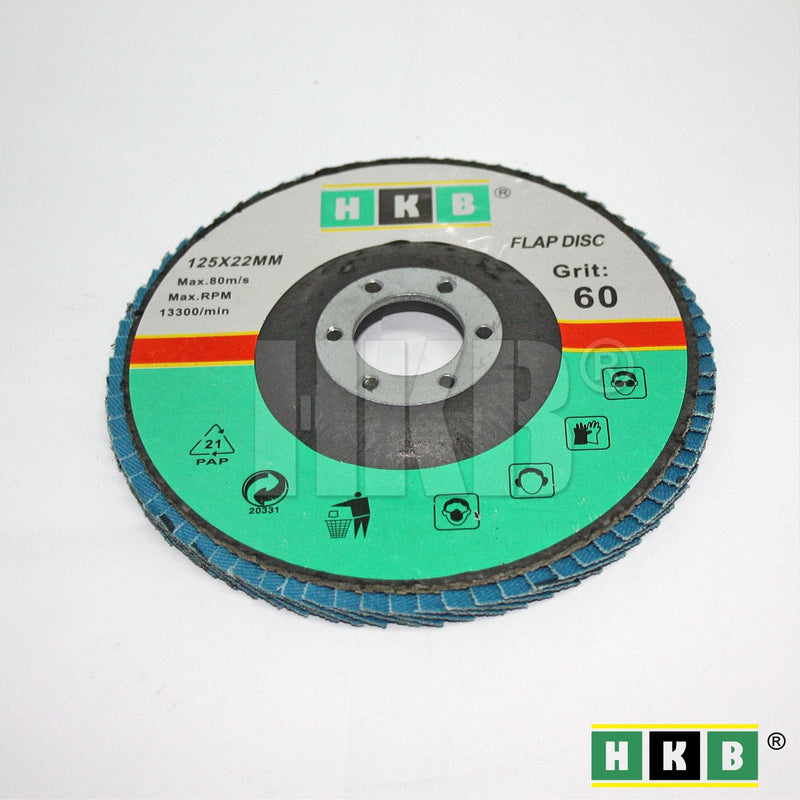 HKB ® Pack of 8 flap discs, 2x each grain 40, 60, 80, 120, grinding disc, grinding mop, 125x22mm, blue, zirconium, for stainless steel, metal, INOX, for flex and angle grinders, item no. 50145