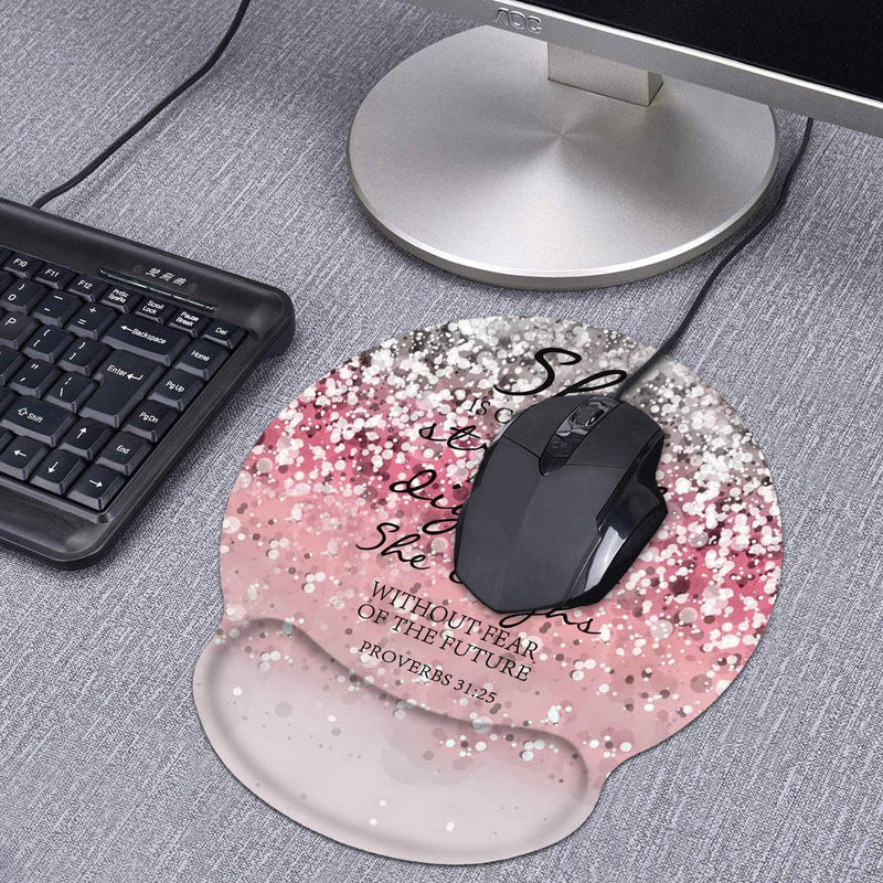 Ergonomic Mouse Pad Wrist Support and Coasters Set, Cute Wrist Rest Pad with Non-Slip PU Base for Home Office Working Studying Easy Typing & Pain Relief, Pink Glitter Quote Bible Verse Proverbs 31:25 Bw-wrist Pad-27