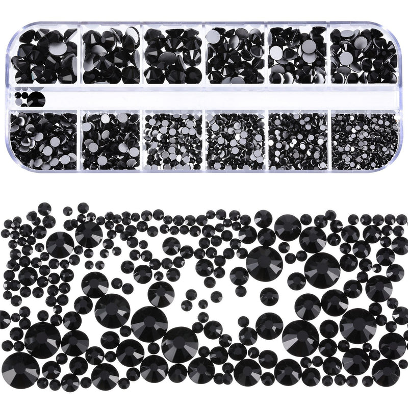 TecUnite 2000 Pieces Flat Back Gems Round Crystal Rhinestones 6 Sizes (1.5-6 mm) with Pick Up Tweezer and Rhinestones Picking Pen for Crafts Nail Face Art Clothes Shoes Bags DIY (Black) Black