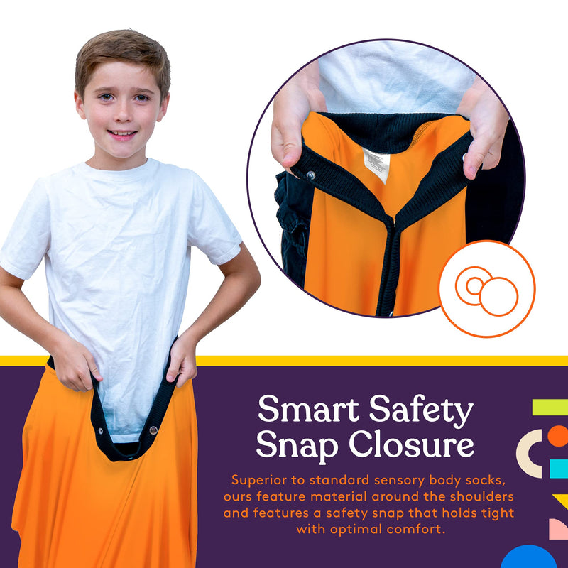 Special Supplies Orange Sensory Body Sock Full-Body Wrap to Relieve Stress, Stretchy, Breathable Cozy Sensory Sack for Boys, Girls, Safe, Comfortable, Calming Relief Cocoon (Large 56"x28") Large 56"x28"