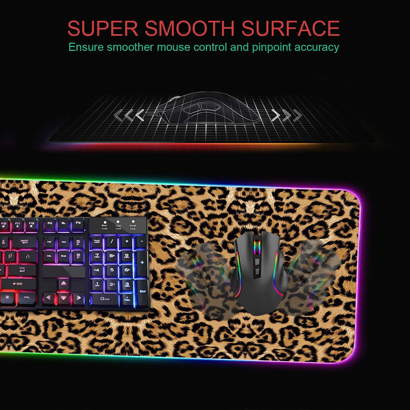 RGB Gaming Mouse Pad with Coffee Coaster, XXL Large Glowing LED Mousepad, Anti-Slip Rubber Base, Computer Keyboard Desk Mouse Mat 31.5 X 11.8 Inch - Leopard Print