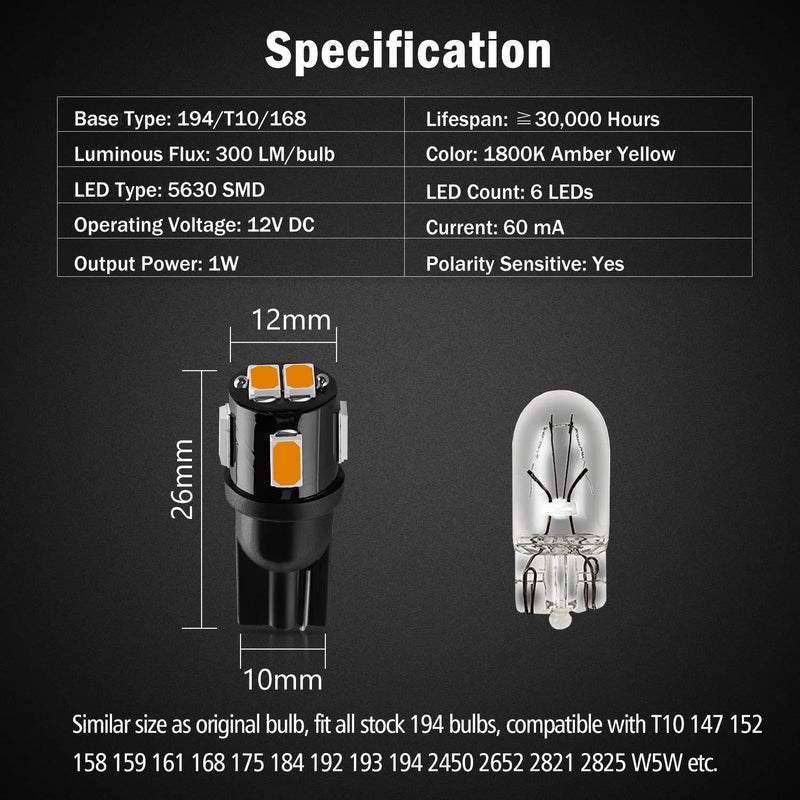 BRISHINE 194 LED Bulbs Extremely Bright Amber Yellow 5630 Chipsets 168 2825 175 T10 W5W LED Replacement Bulbs for Car Interior Map Dome Door Courtesy License Plate Lights(Pack of 10)