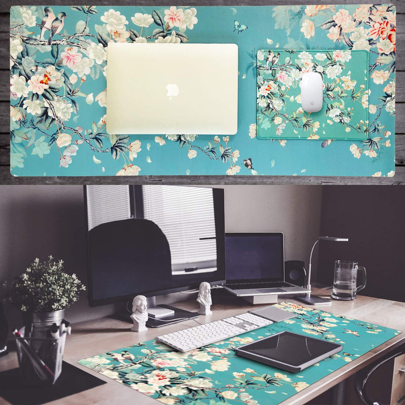 SANFORIN Multifunctional PU Leather Office Desk Pad 35.4''X15.7'' with Floral Design + Mouse Pad 10.2''×8.3''×0.12'', Extended Large Non Slip Ultra Thin Waterproof Desk Writing Mat (Chinese Flower)